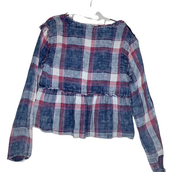 GB Womens Top Size S Blue Plaid Long Sleeve V-Neck Casual Pullover Blouse - Picture 2 of 12